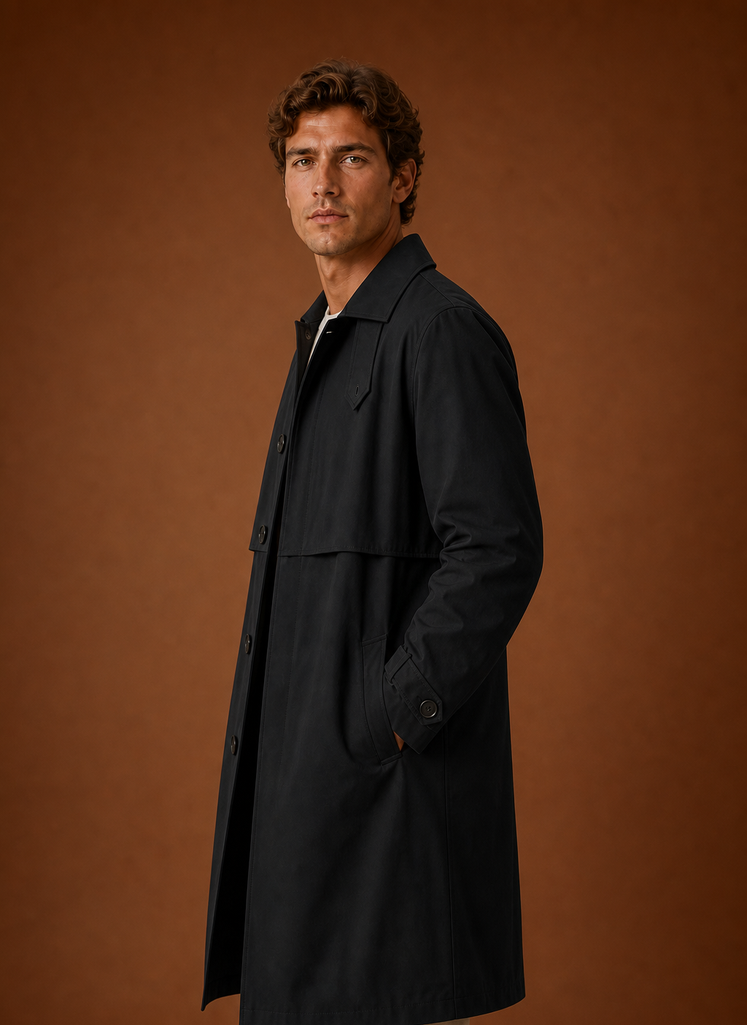 Side view of a black men's mid-long trench coat showing length and drape