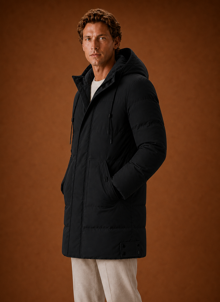 Side profile of men's hooded puffer parka jacket highlighting the silhouette and hood