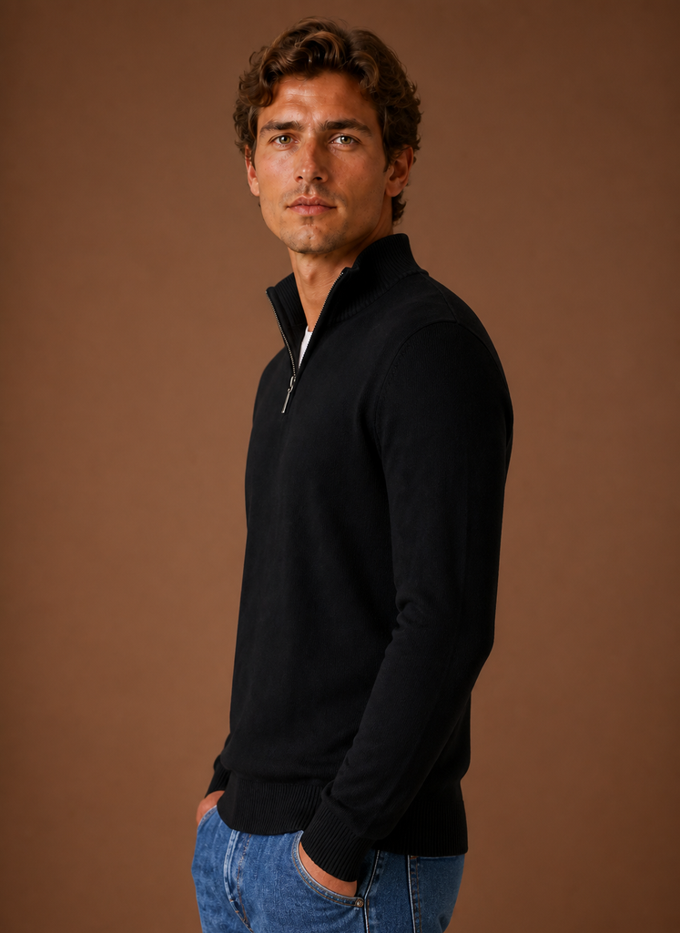 Side view of men's shirt jacket highlighting sleeve profile and relaxed fit