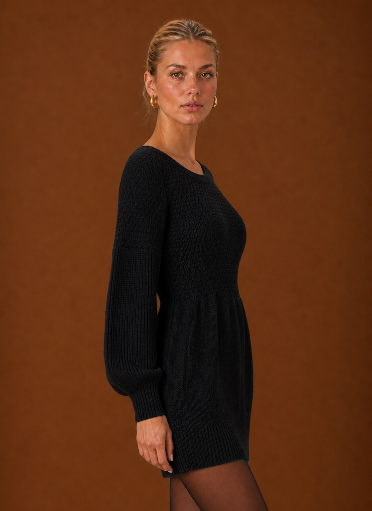 Side view of the Areleon women's sweater dress in khaki showing clean profile and sleeve length