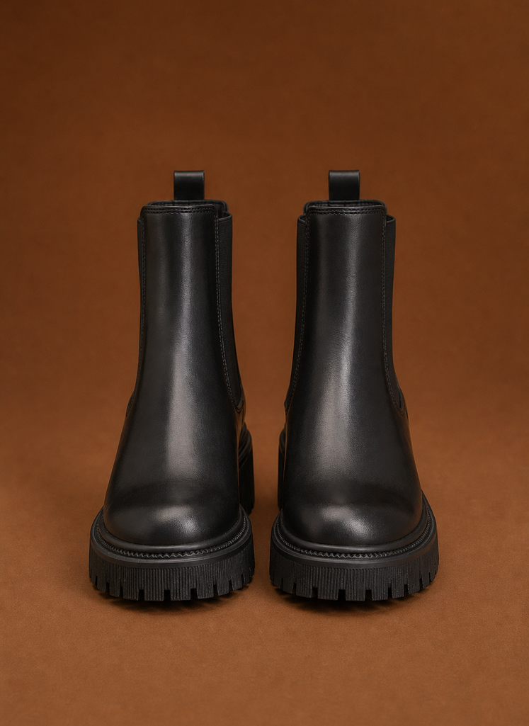 Side view showing lug sole and ankle silhouette of Areleon women's Chelsea boot in black