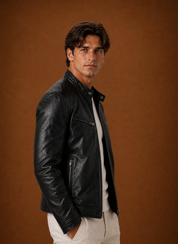 Side profile of men's moto jacket showing structured fit and collar