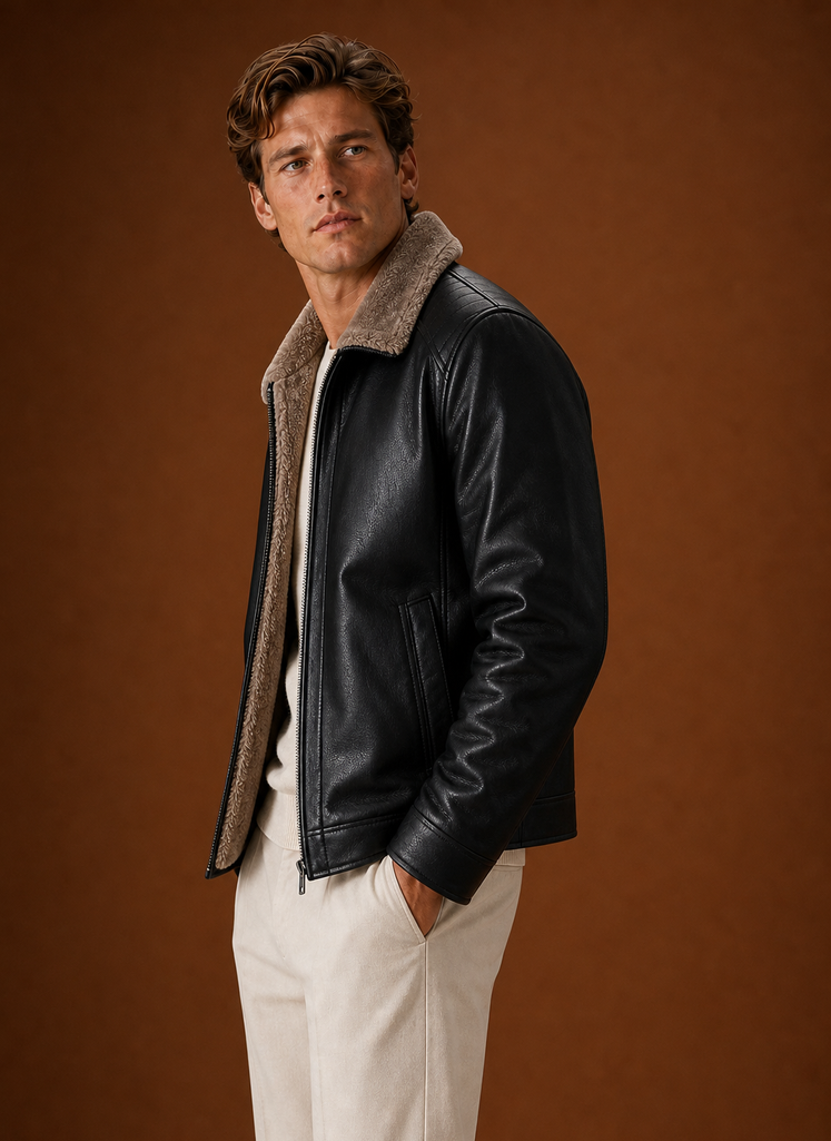 Side profile of men's casual jacket showing sleeve silhouette and fit
