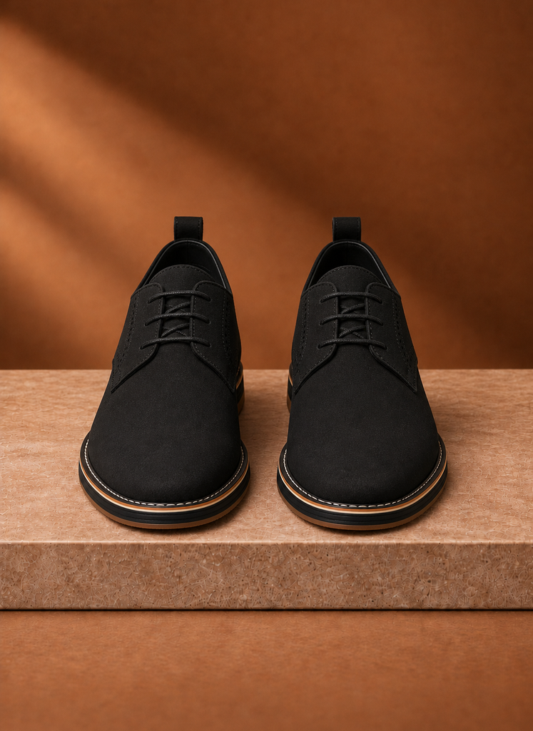 Side profile of a black men's derby dress shoe highlighting the silhouette and sole