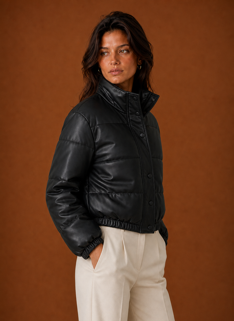 Side view of the women's bomber jacket showing sleeve profile and streamlined shape