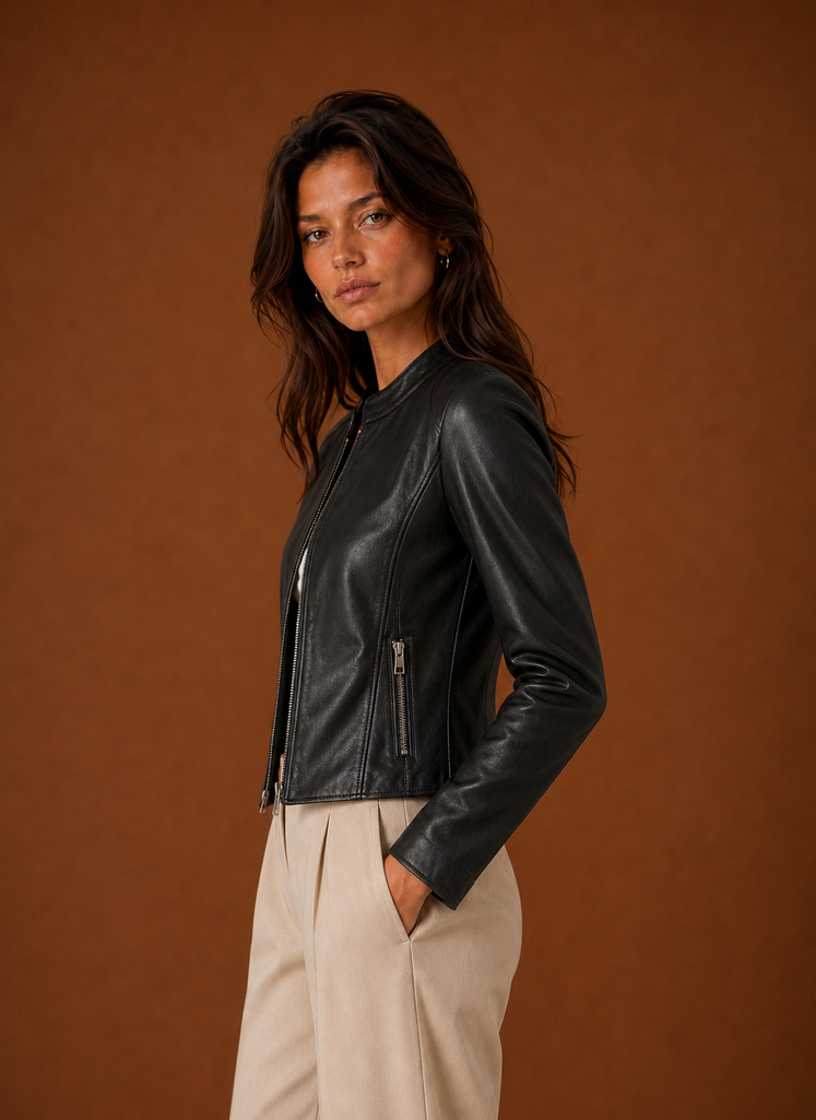 Women's Leather Jacket - Slim Fit Stand Collar Moto Jacket side view
