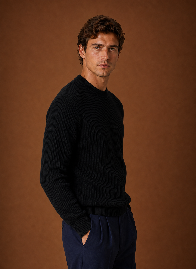 Side profile of men's ribbed crew neck sweater showing sleeve and shoulder fit