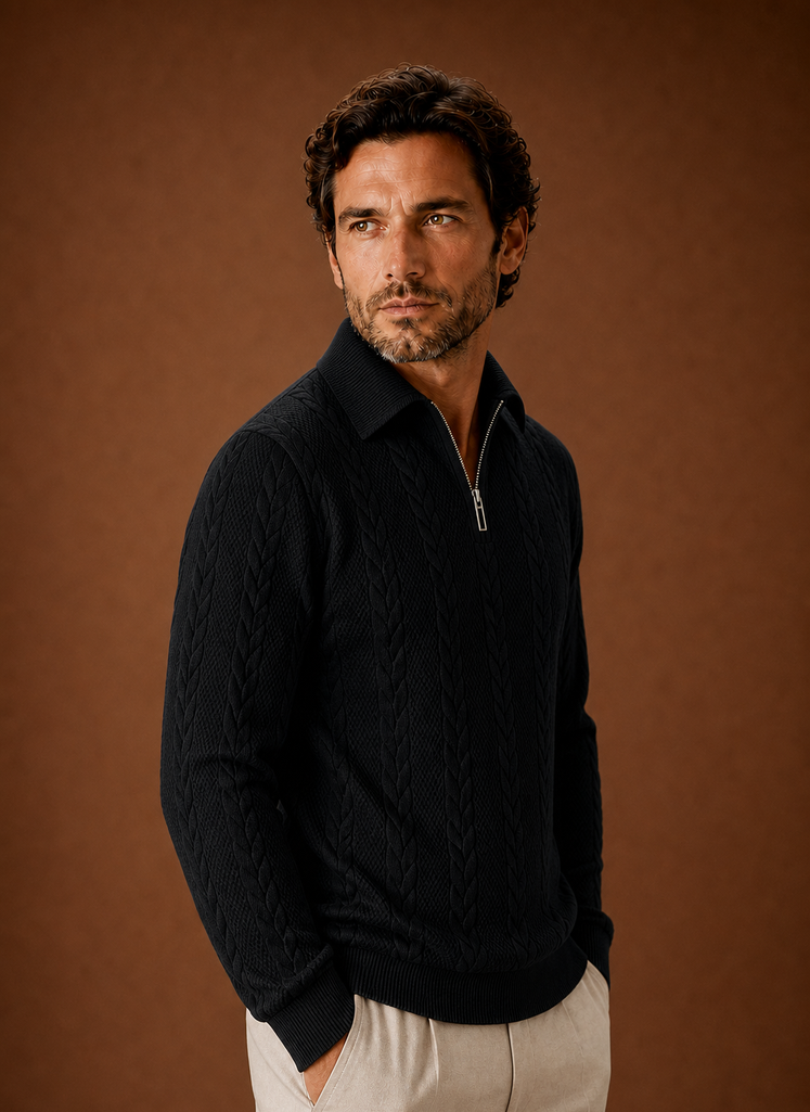 Side view of men's zip sweater showing shoulder and sleeve profile