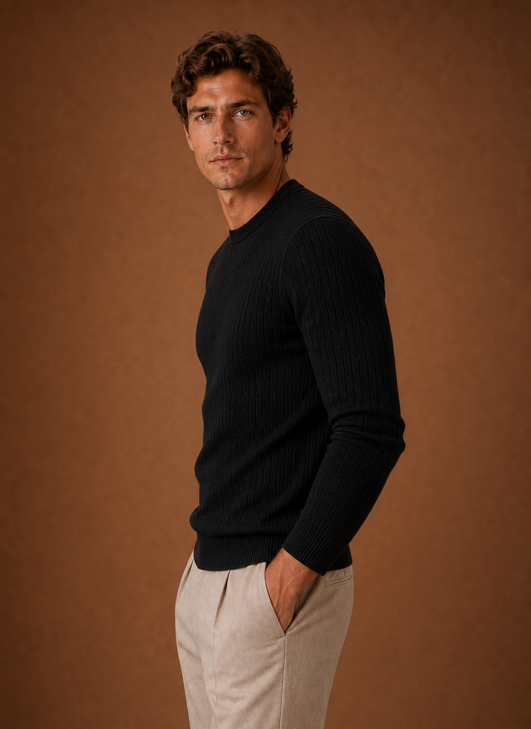 Side view showing slim-fit silhouette of Areleon men's cable knit crew neck sweater