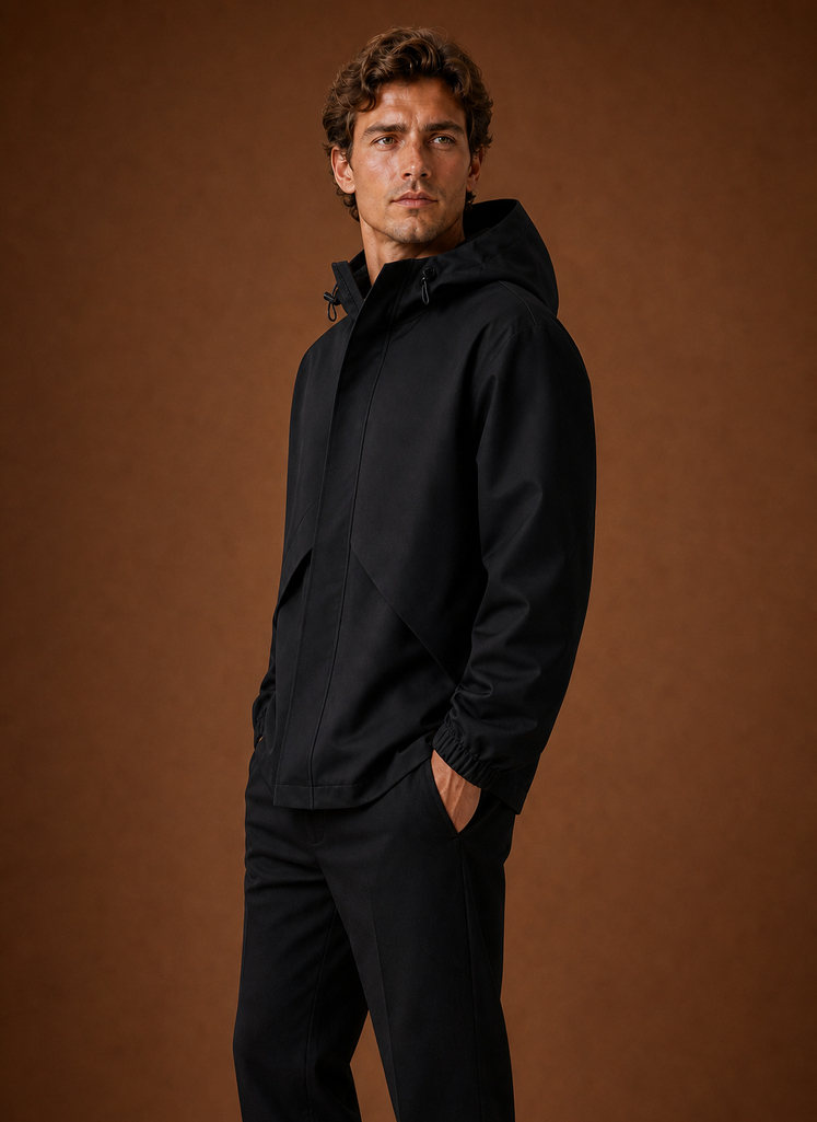 Side profile of a men's black hooded windbreaker jacket showing the hood and silhouette
