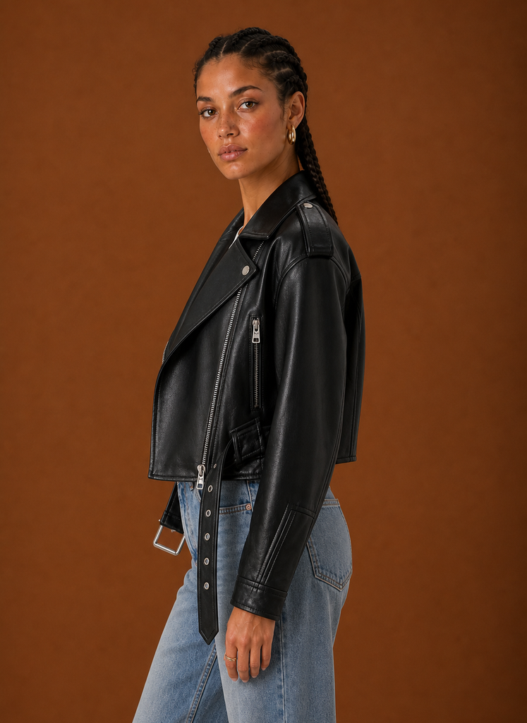 Side profile of the Areleon women's moto jacket showing the streamlined silhouette