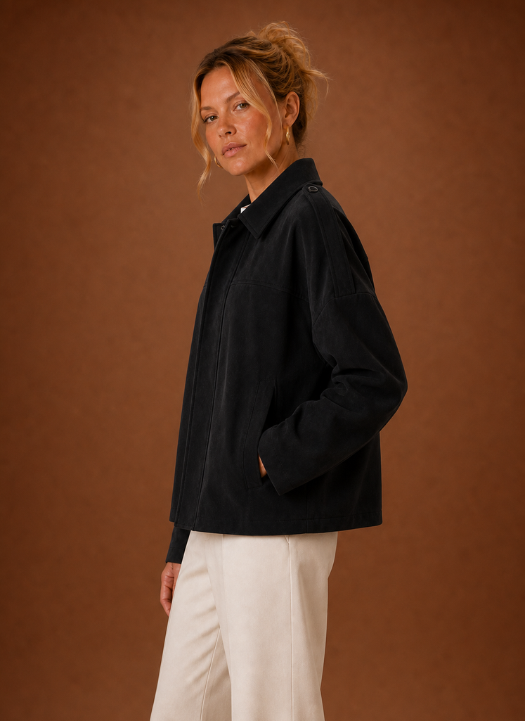 Side profile of the Areleon women's oversized jacket showing relaxed fit