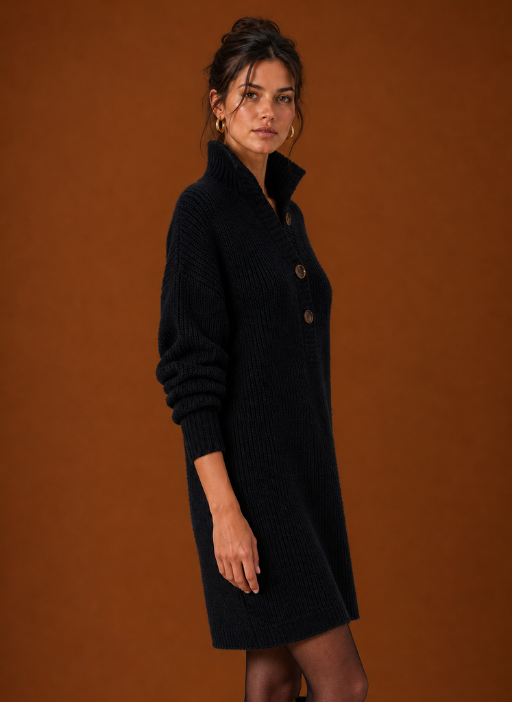 Side view of women's sweater dress showing midi hem and relaxed profile
