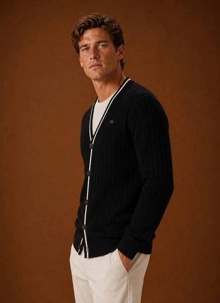 Men's V Neck Cardigan - Ribbed Knit Button Up Sweater side view