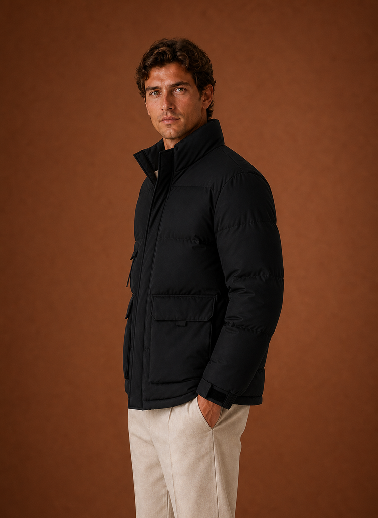 Side profile of the high-neck puffer jacket highlighting the collar and quilted channels