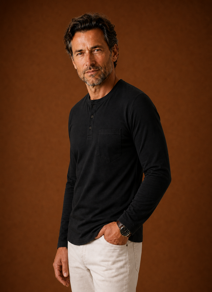 Side profile of men's Henley shirt showing long sleeves and relaxed fit