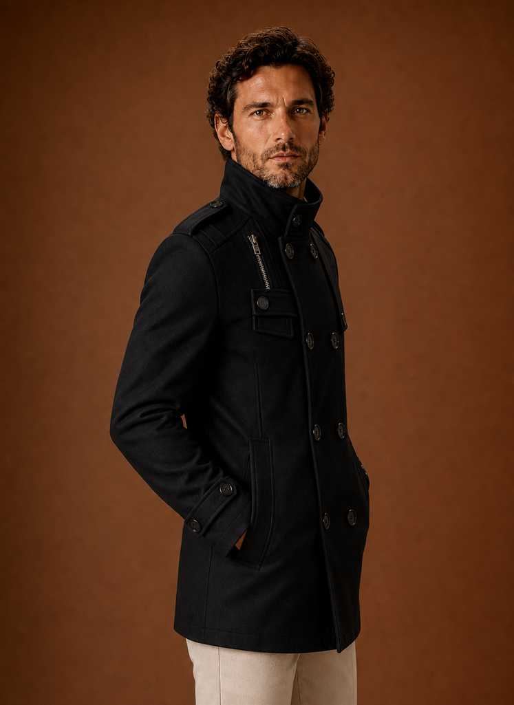Side profile of men's double-breasted overcoat showing clean silhouette