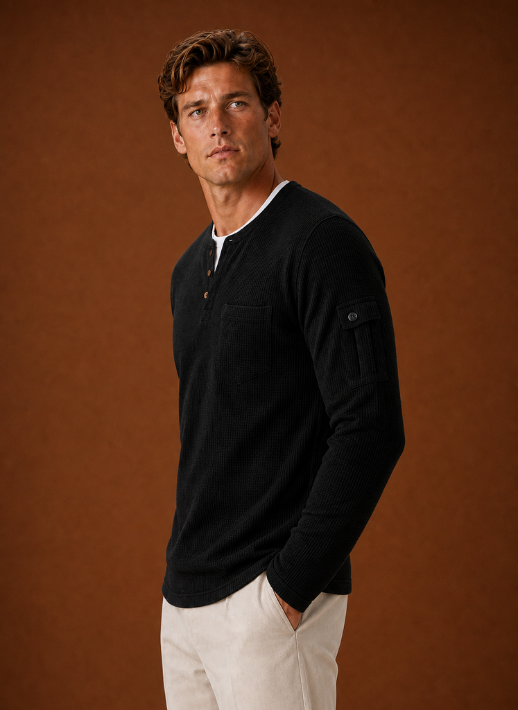 Side view of the Henley shirt showing profile and sleeve fit