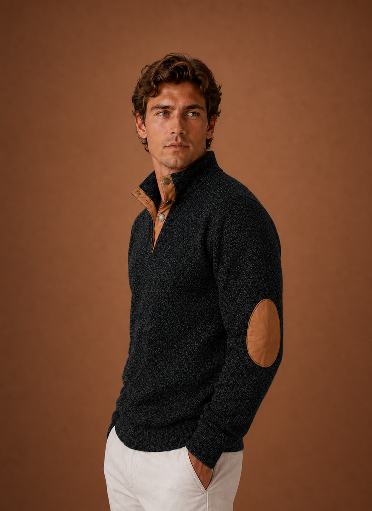 Side view showing the mock neckline and sleeve silhouette of the pullover