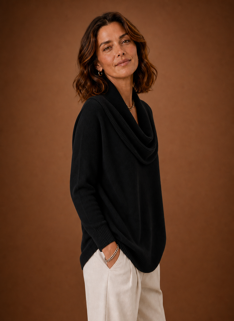 Side profile of Areleon women's cowl neck knit sweater showing draped neckline