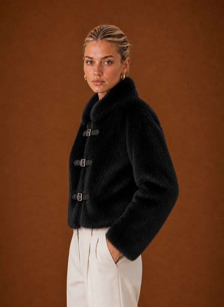 Side profile of Areleon women's faux fur jacket highlighting sleeve and fit