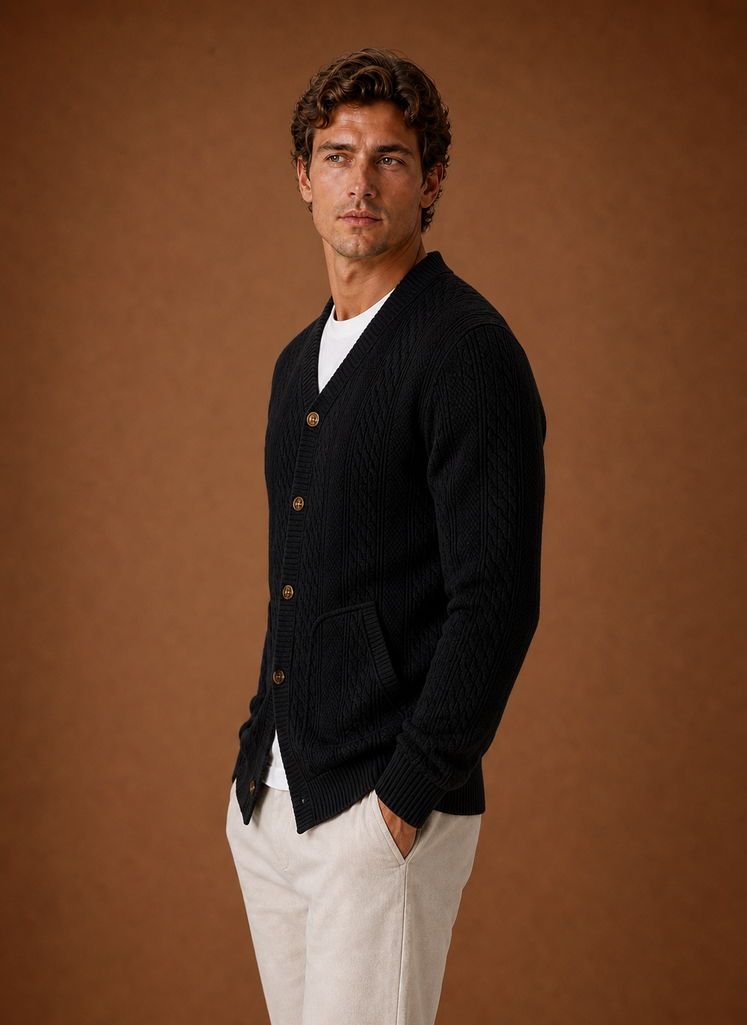 Side profile of the cardigan showing V-neck and cable knit texture