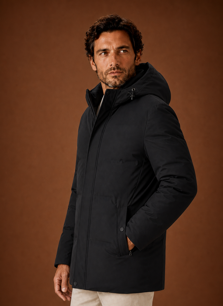 Side view of men's hooded puffer jacket showing hood and quilted profile
