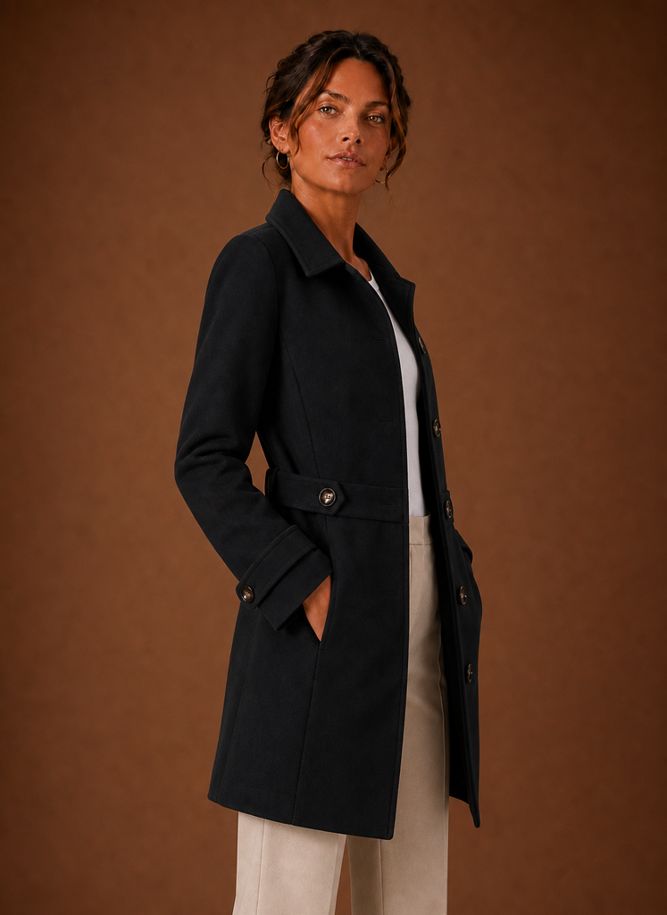 Side view of Areleon women's trench coat showing mid-length hem and long sleeve profile