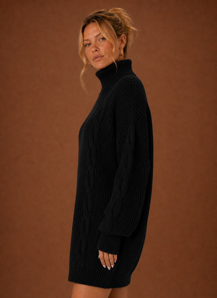 Side view of women's turtleneck sweater dress highlighting the profile and drape