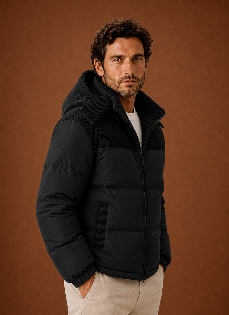 Side profile of men's puffer jacket showing corduroy trim and quilted panels