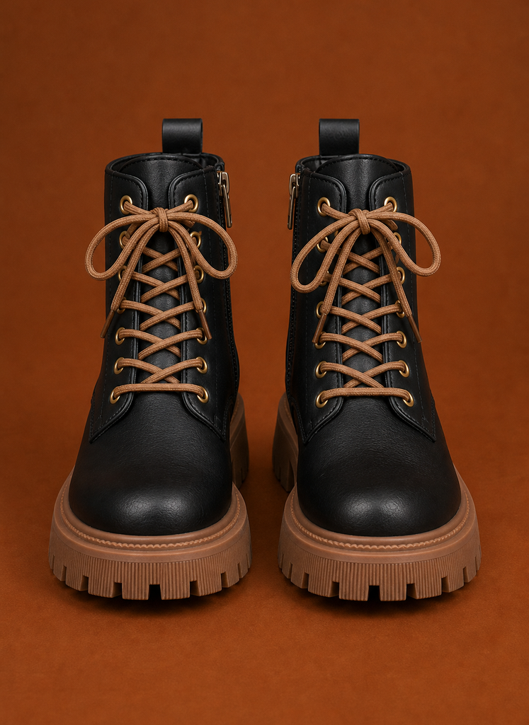 Side profile of the ankle boot showing lace-up front and thick lug sole
