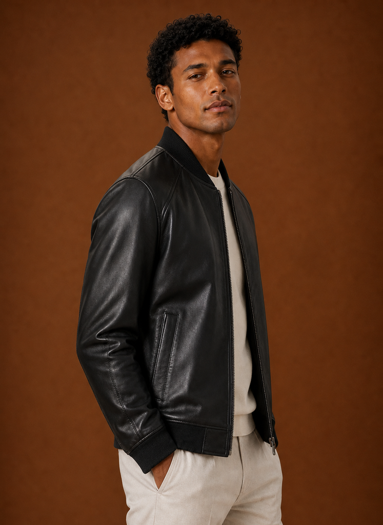 Side profile of men's bomber jacket showing slim fit and sleeve line