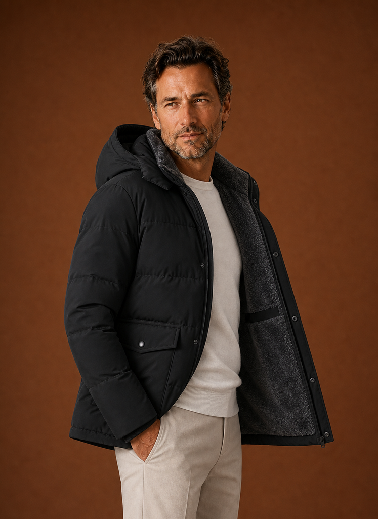 Side profile of men's hooded jacket highlighting fit and long sleeves