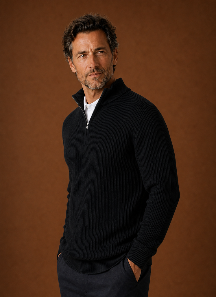 Side profile of the ribbed sweater highlighting the sleeve shape and collar height