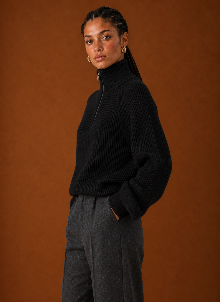 Side profile of the quarter-zip knit sweater showing the zip neckline and sleeve shape
