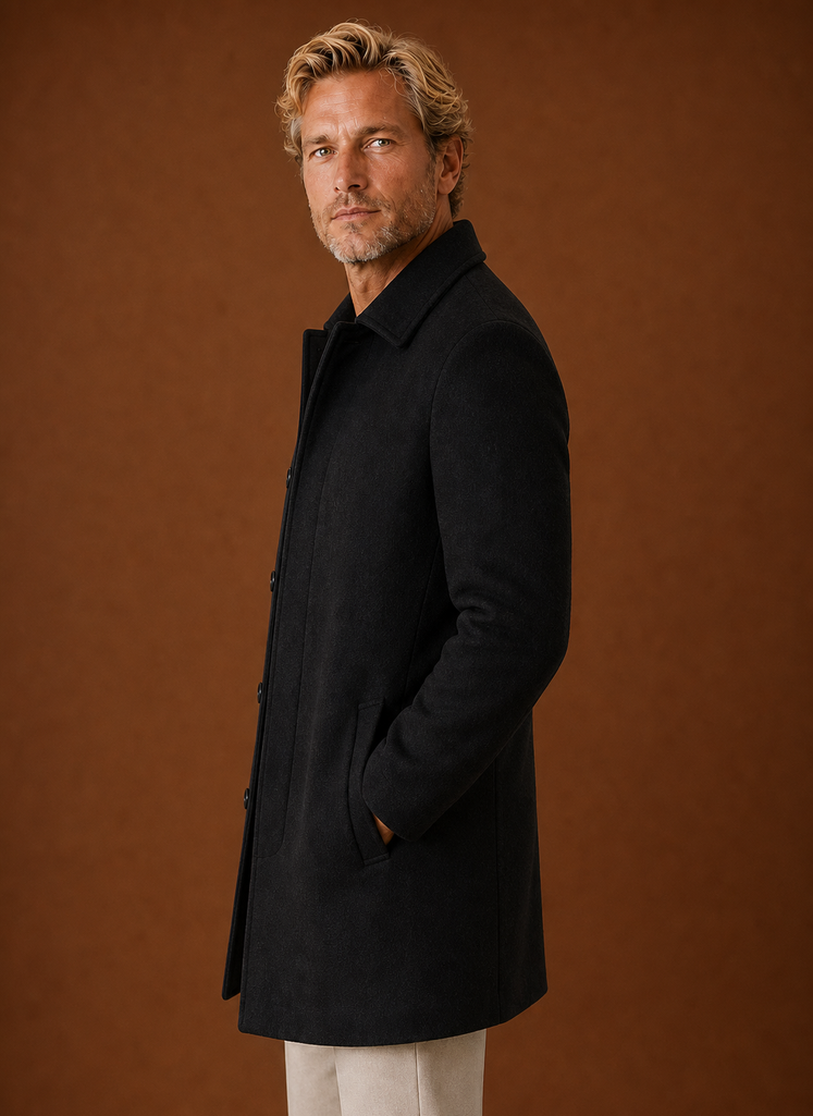 Side profile of a men's mid-length overcoat displaying the straight fall of the hem