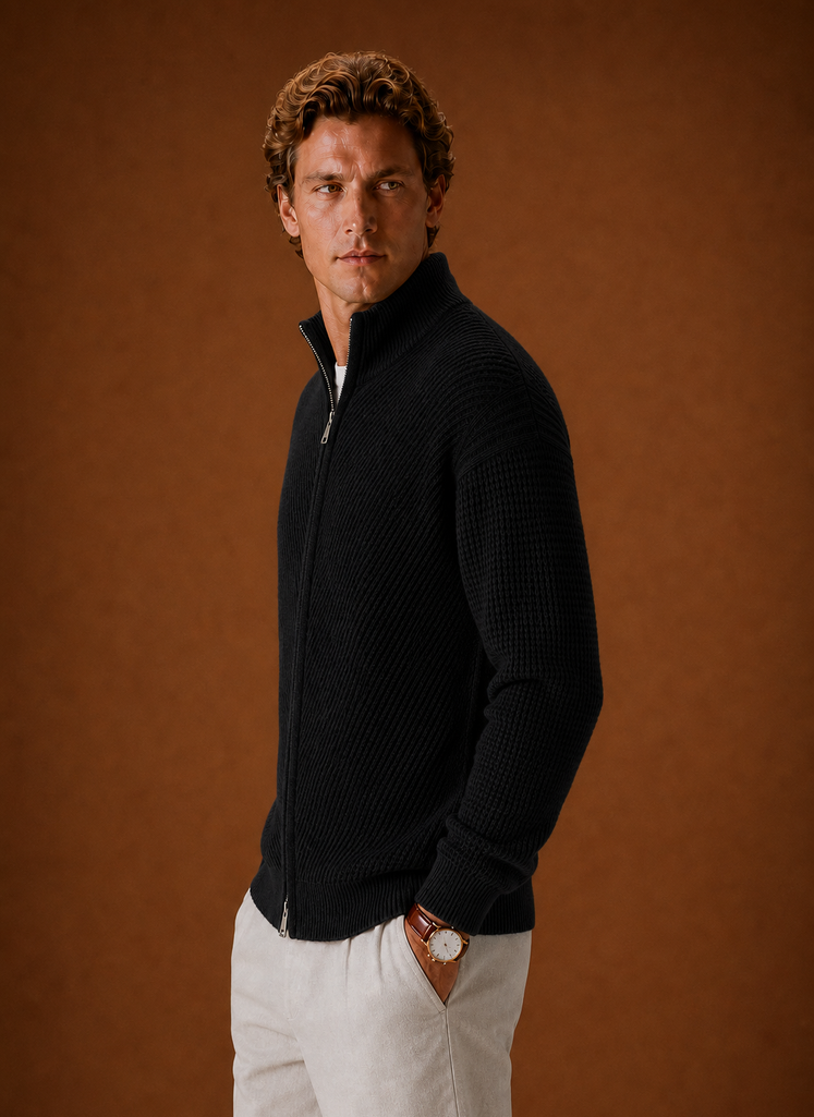Side view showing profile and zip detail of the Areleon men's knit cardigan