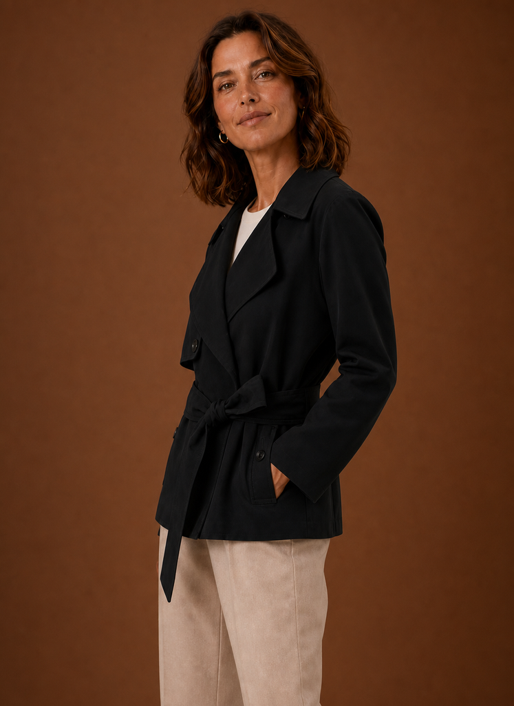 Side profile of women's belted trench jacket highlighting the fit at the waist and sleeve