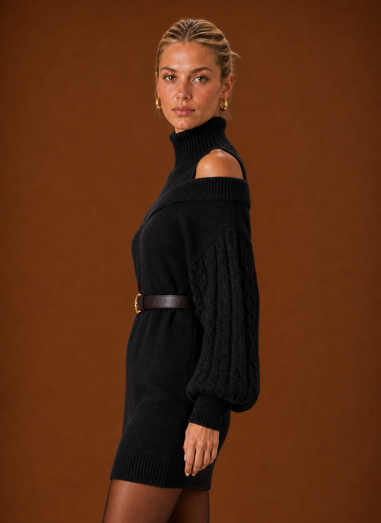 Side view of Areleon women's sweater dress in black showing relaxed fit and ribbed hem