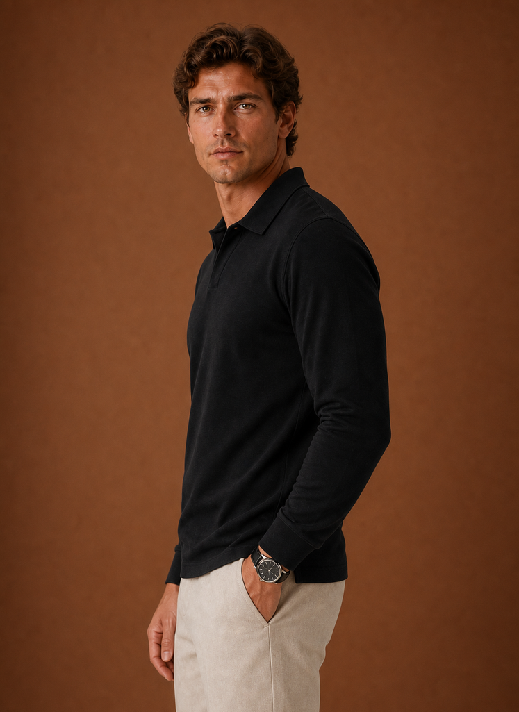 Side view of men's polo shirt displaying sleeve silhouette and straight hem in grey