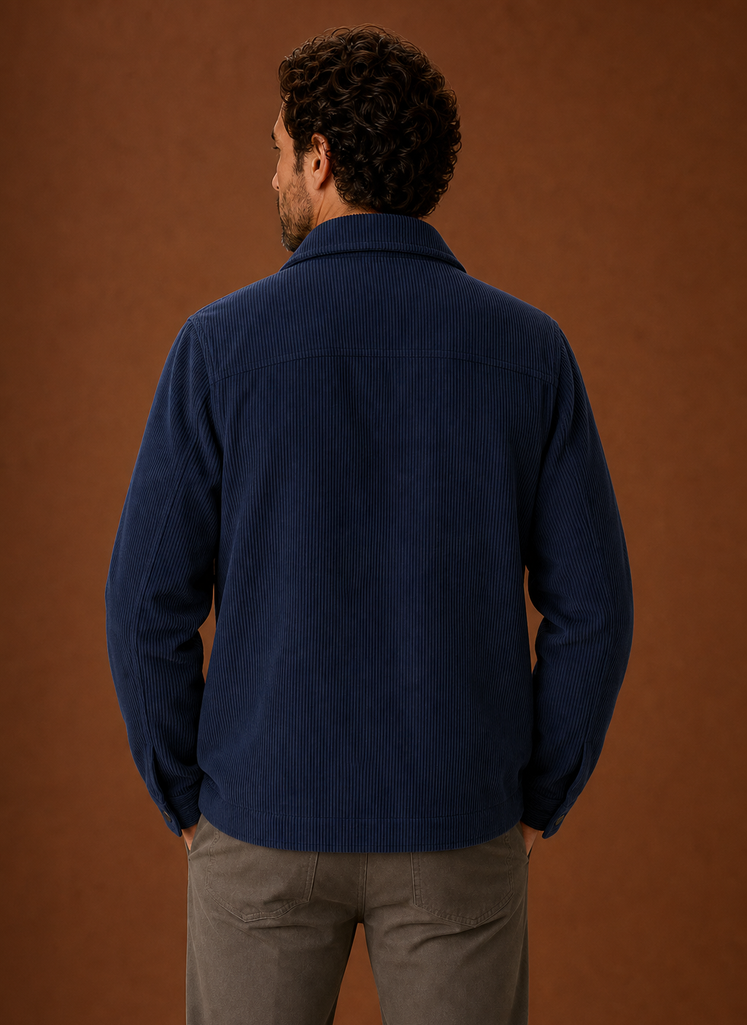 Back view of a men's crew neck knit sweater showing neckline and hem