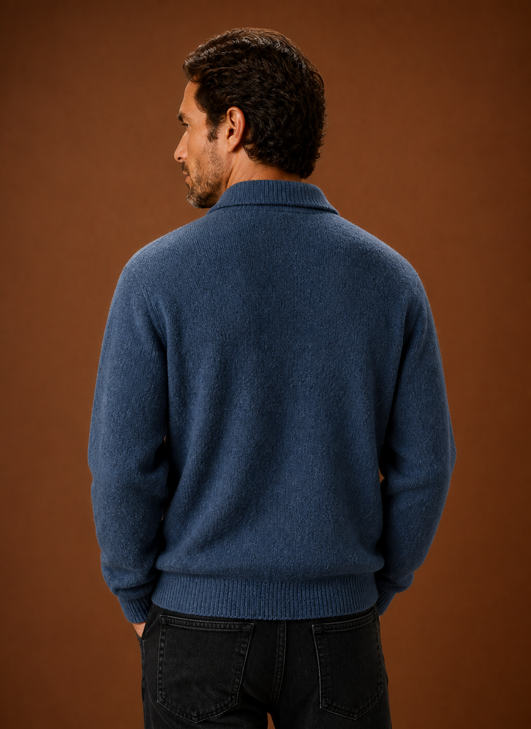 Back view of the Areleon knit cardigan with clean-finished hem