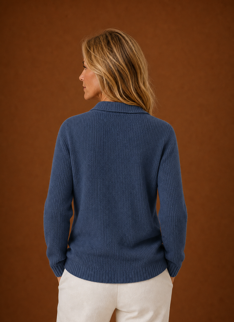 Back view of women's knit cardigan displaying full back silhouette