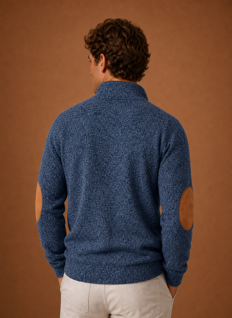 Back view of the mock neck pullover showing a clean straight hem