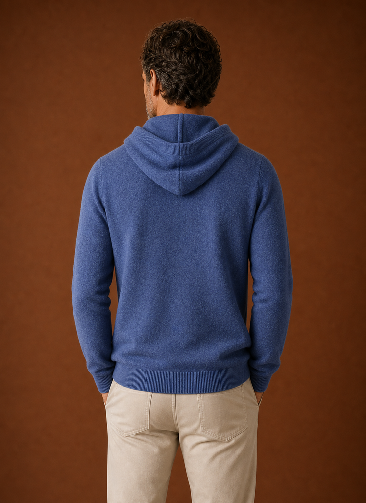 Back view of Areleon men's knitted hooded pullover with hood raised