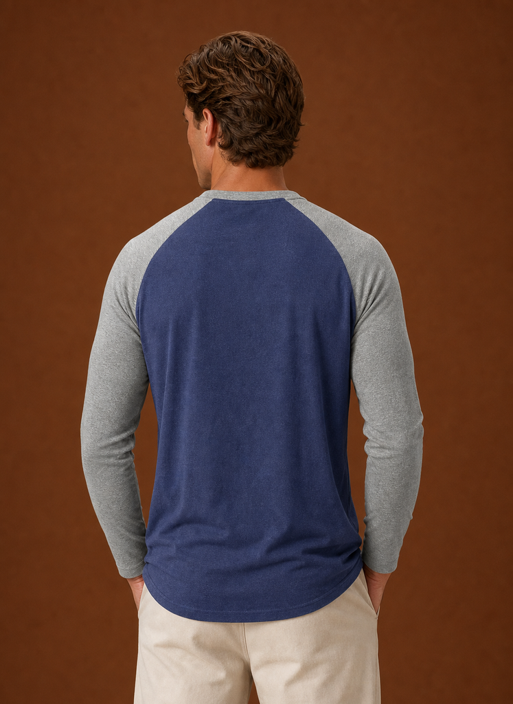 Back view of Areleon men's Henley shirt with smooth back panel