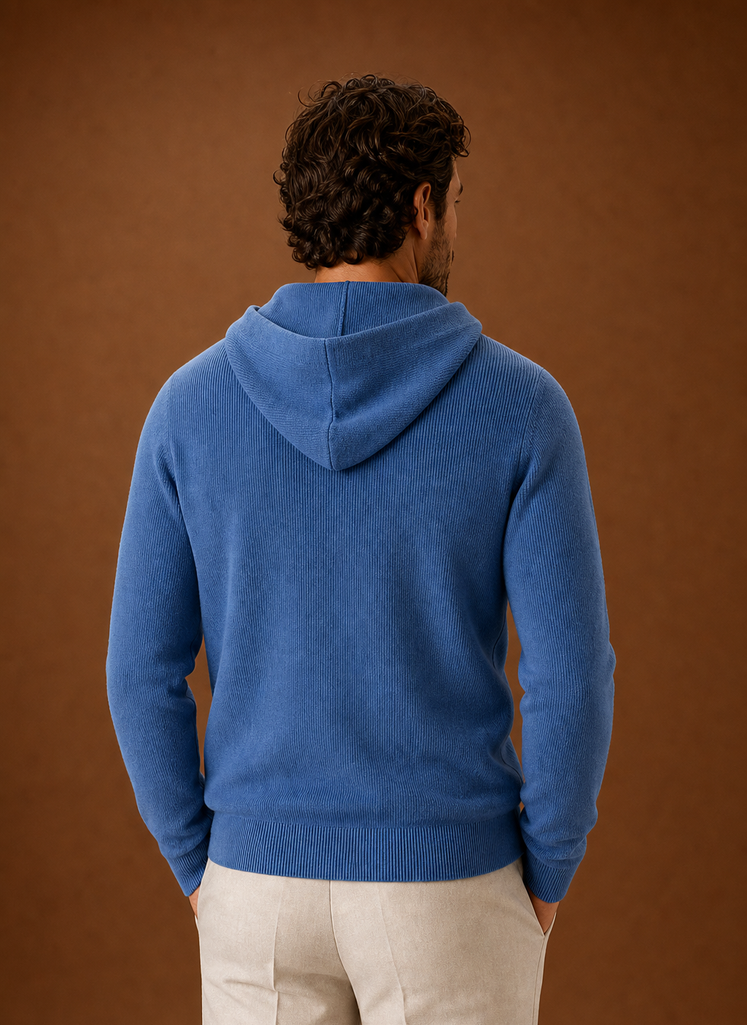 Back view of Areleon men's knit hoodie with hood down