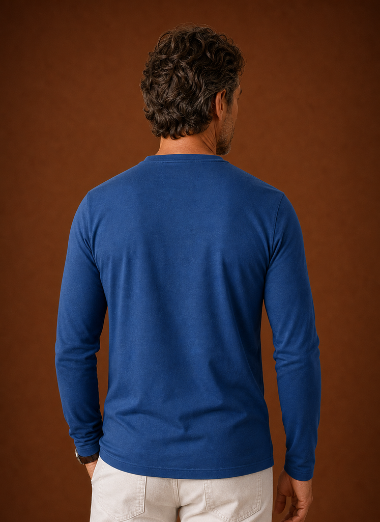 Back view of men's long-sleeve Henley shirt with clean hem