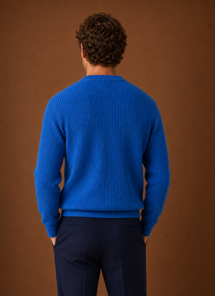 Back view of men's ribbed crew neck sweater with clean silhouette