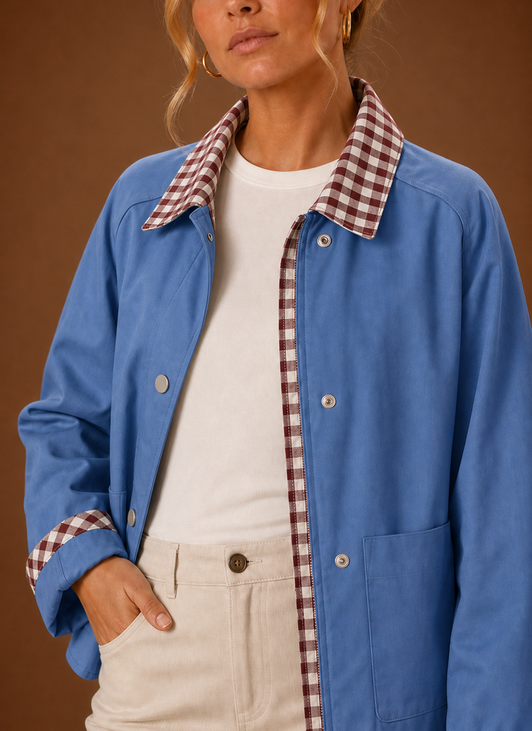 Close-up of the contrast check collar, cuff detailing, and stitching